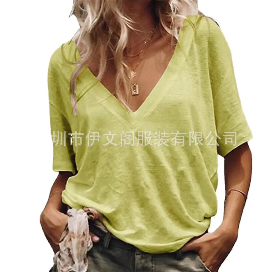 Women V Neck Short Sleeve T-Shirt Solid Color - Image 10