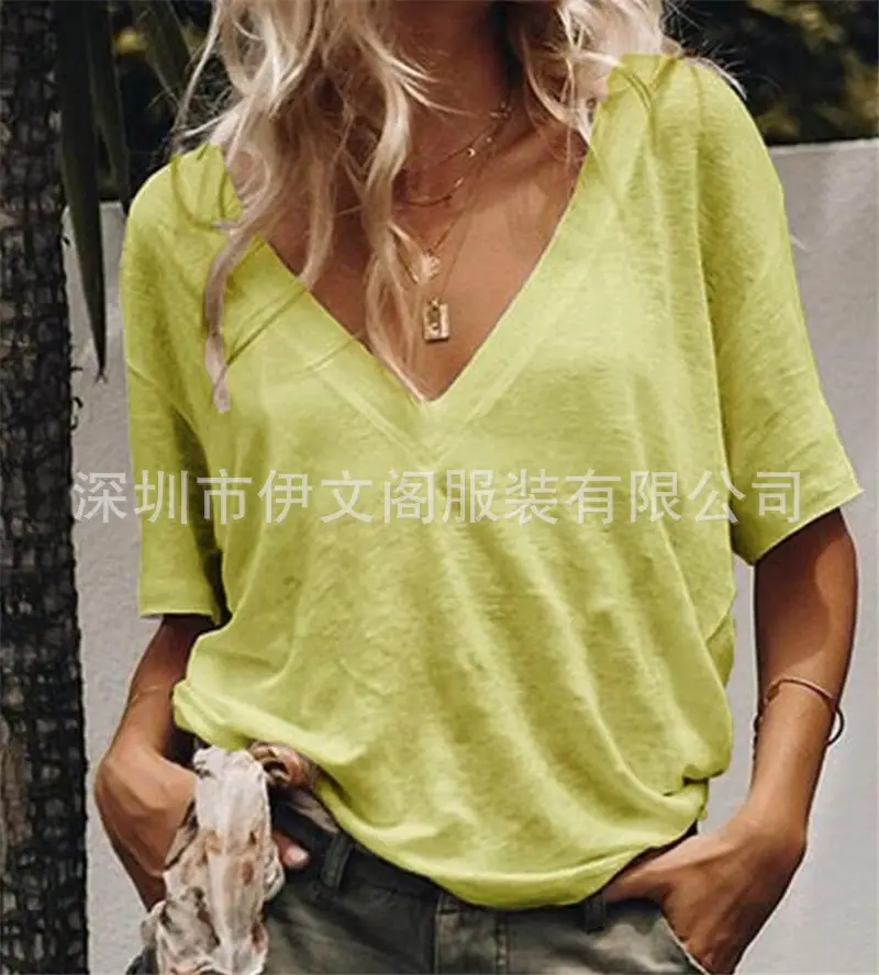 Women V Neck Short Sleeve T-Shirt Solid Color - Image 2