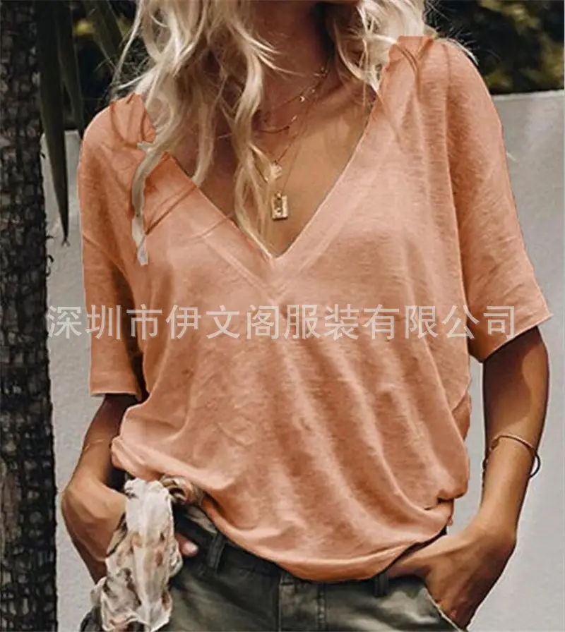 Women V Neck Short Sleeve T-Shirt Solid Color - Image 3