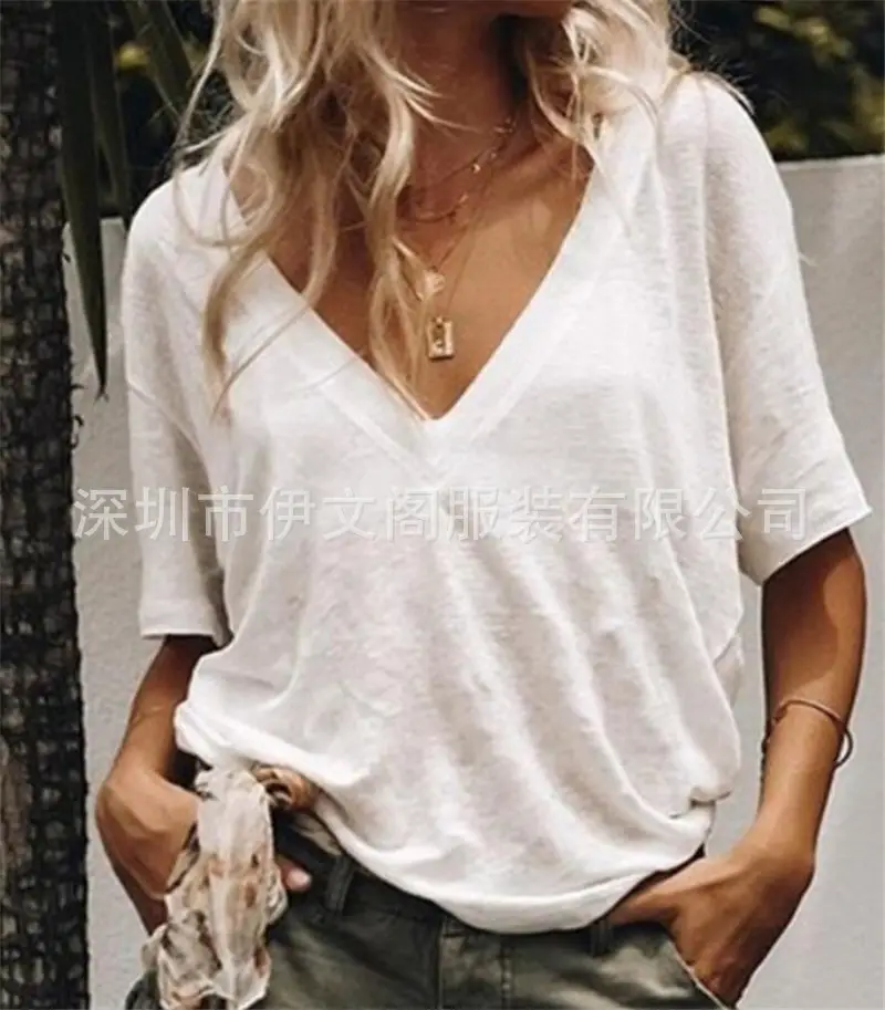 Women V Neck Short Sleeve T-Shirt Solid Color - Image 4