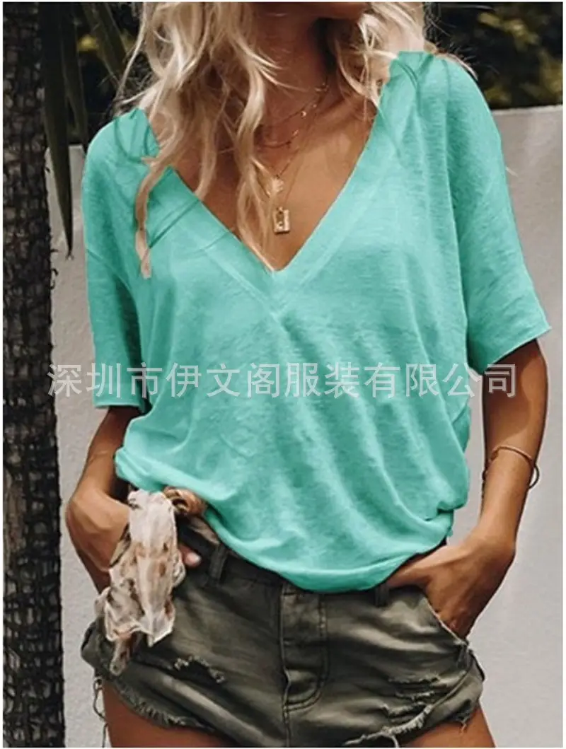 Women V Neck Short Sleeve T-Shirt Solid Color - Image 5