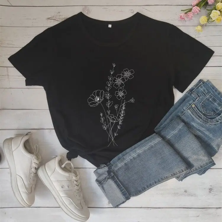 Women Yellow Floral T-Shirt Short Sleeve Cotton - Image 2