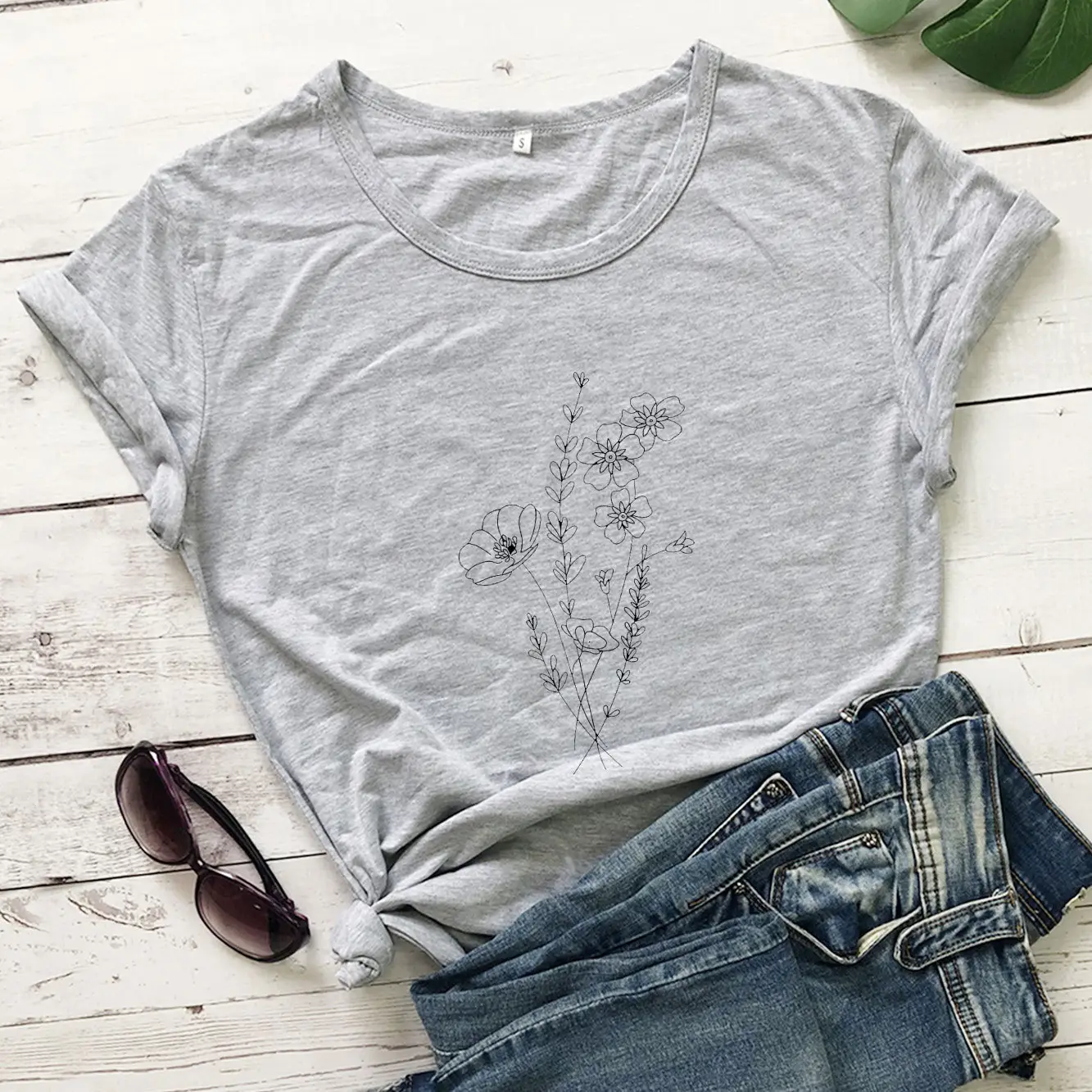 Women Yellow Floral T-Shirt Short Sleeve Cotton - Image 3