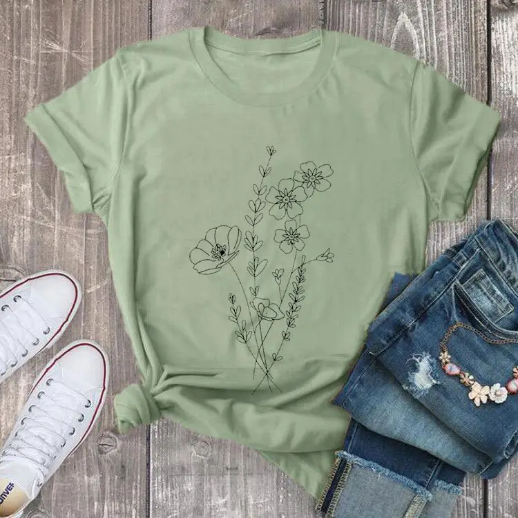 Women Yellow Floral T-Shirt Short Sleeve Cotton - Image 4