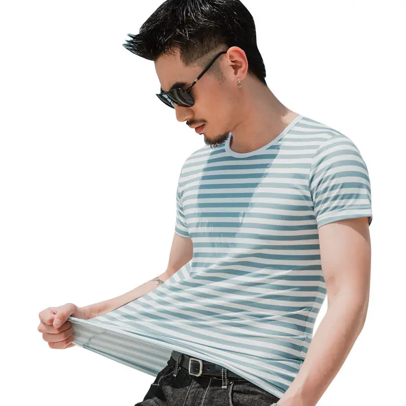 Men Striped Short Sleeve T-Shirt Grey Casual Summer Wear