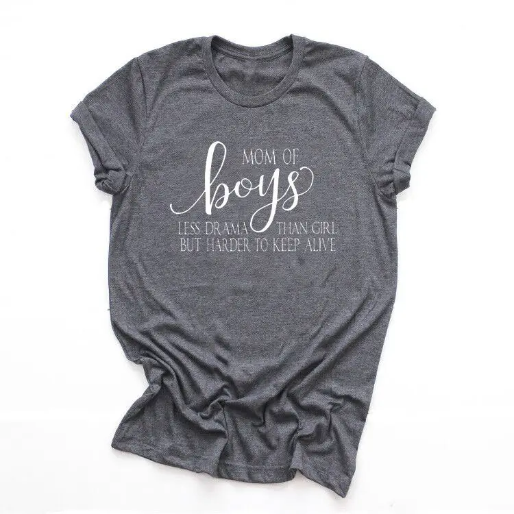 Mom of Boys T-Shirt Grey Short Sleeve Letter Print - Image 2