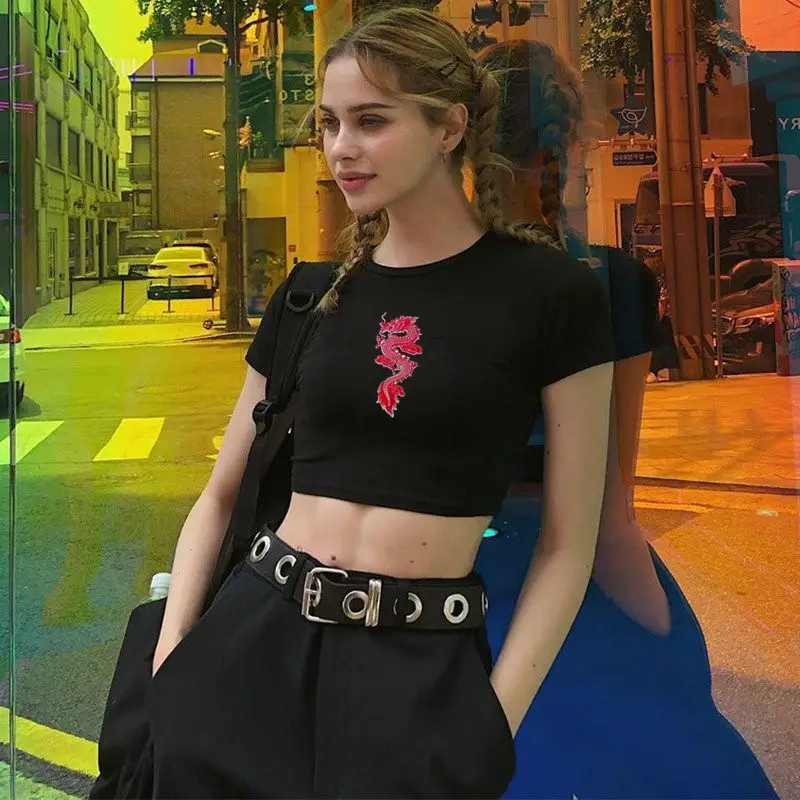 Women Black Dragon Totem Printed Short Sleeve T-Shirt - Image 4