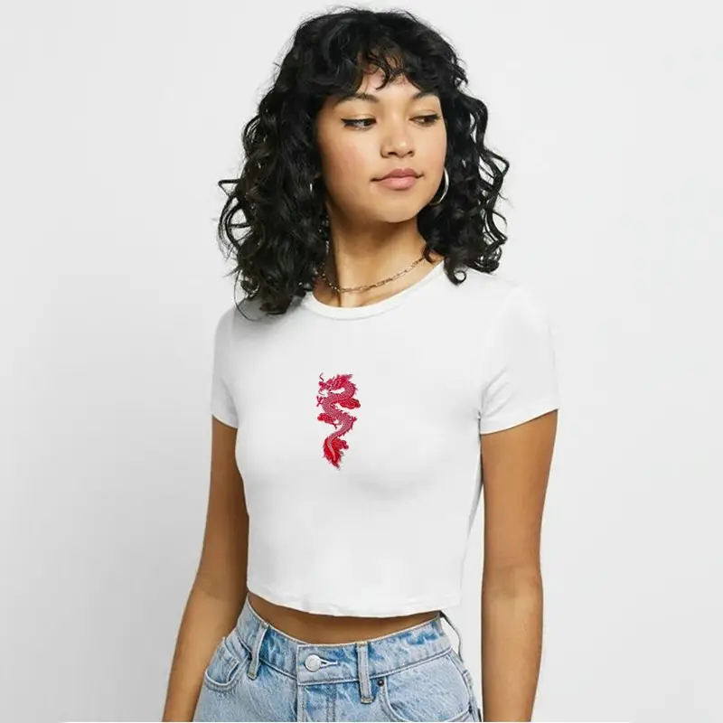 Women Black Dragon Totem Printed Short Sleeve T-Shirt - Image 5