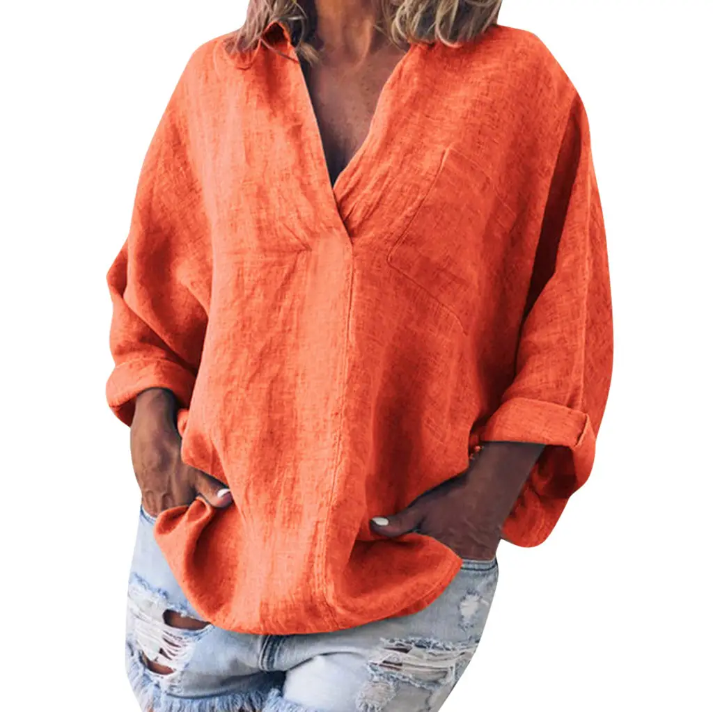 Women's Orange V-Neck Long Sleeve Pullover Top - Image 8
