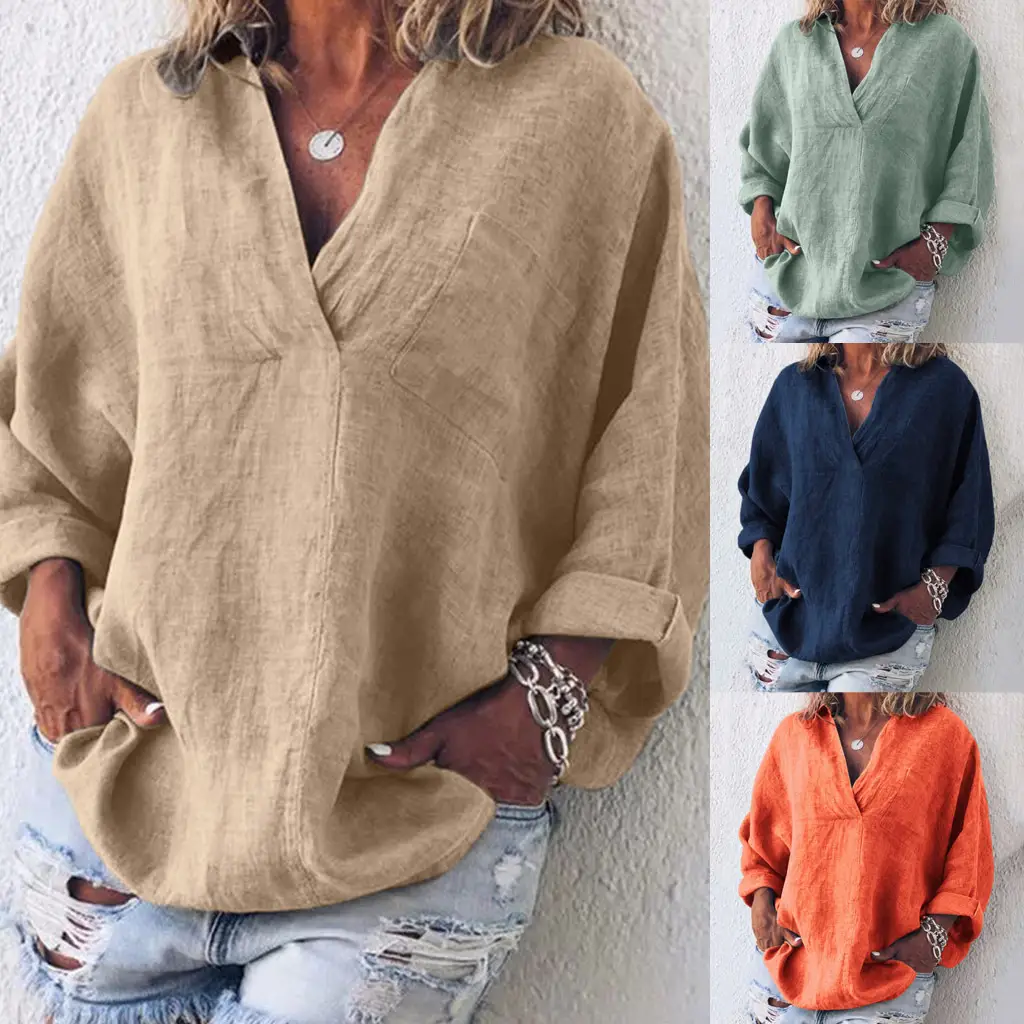 Women's Orange V-Neck Long Sleeve Pullover Top — feature 2