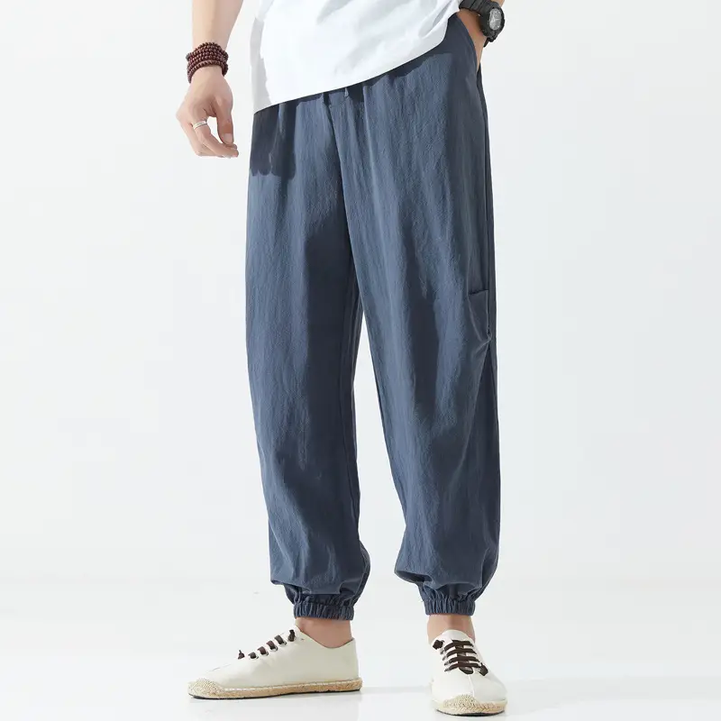 Men Chinese Style Casual Trousers Solid Blue Summer - Image 4