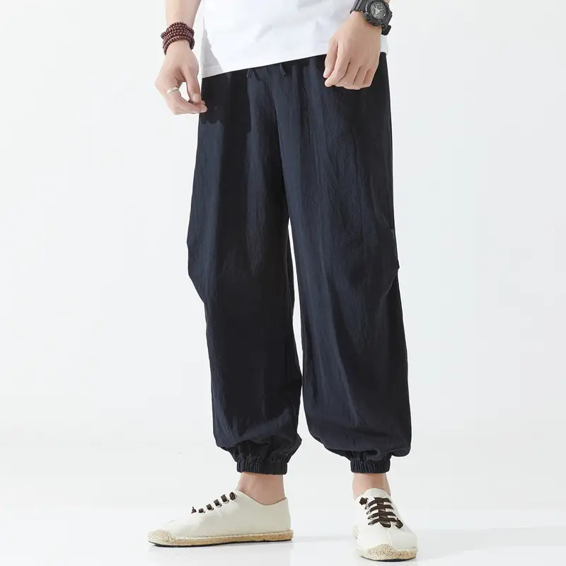 Men Chinese Style Casual Trousers Solid Blue Summer - Image 6