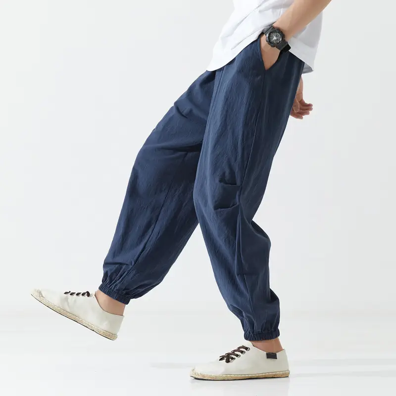 Men Chinese Style Casual Trousers Solid Blue Summer - Image 7