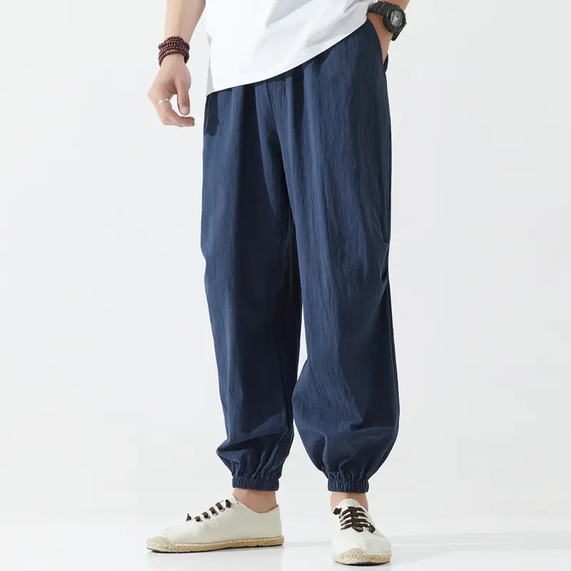 Men Chinese Style Casual Trousers Solid Blue Summer - Image 8