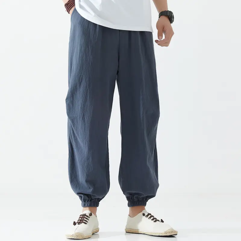 Men Chinese Style Casual Trousers Solid Blue Summer - Image 2