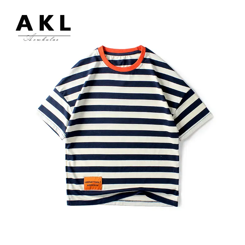 Kids Striped T-Shirt Navy Blue Orange Sleeve - Image 4