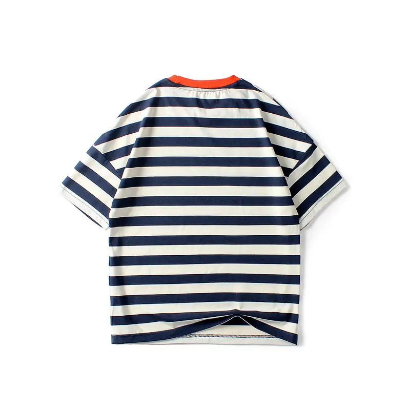 Kids Striped T-Shirt Navy Blue Orange Sleeve - Image 8