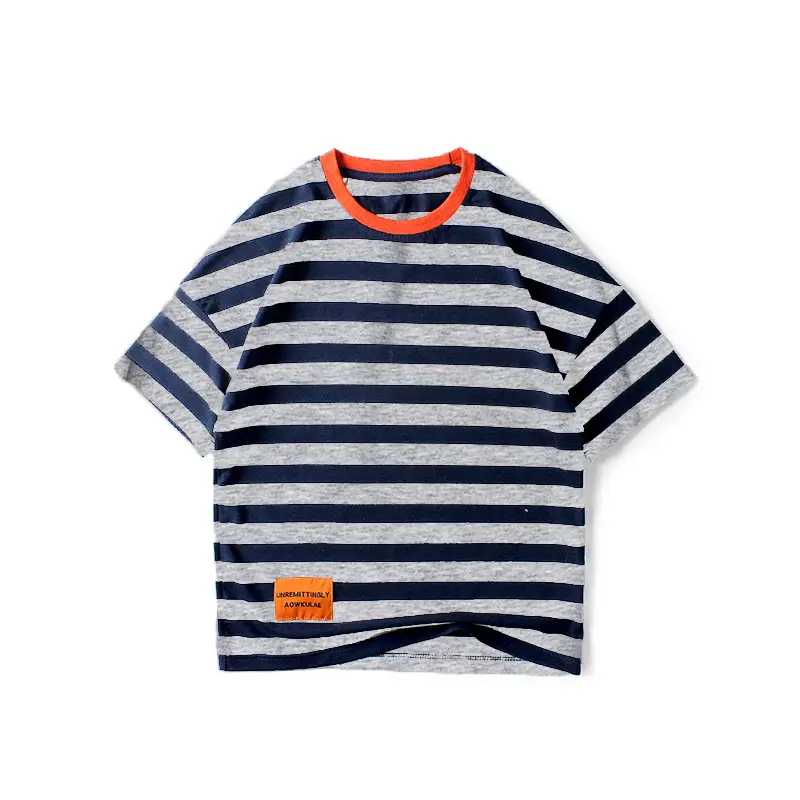 Kids Striped T-Shirt Navy Blue Orange Sleeve - Image 2