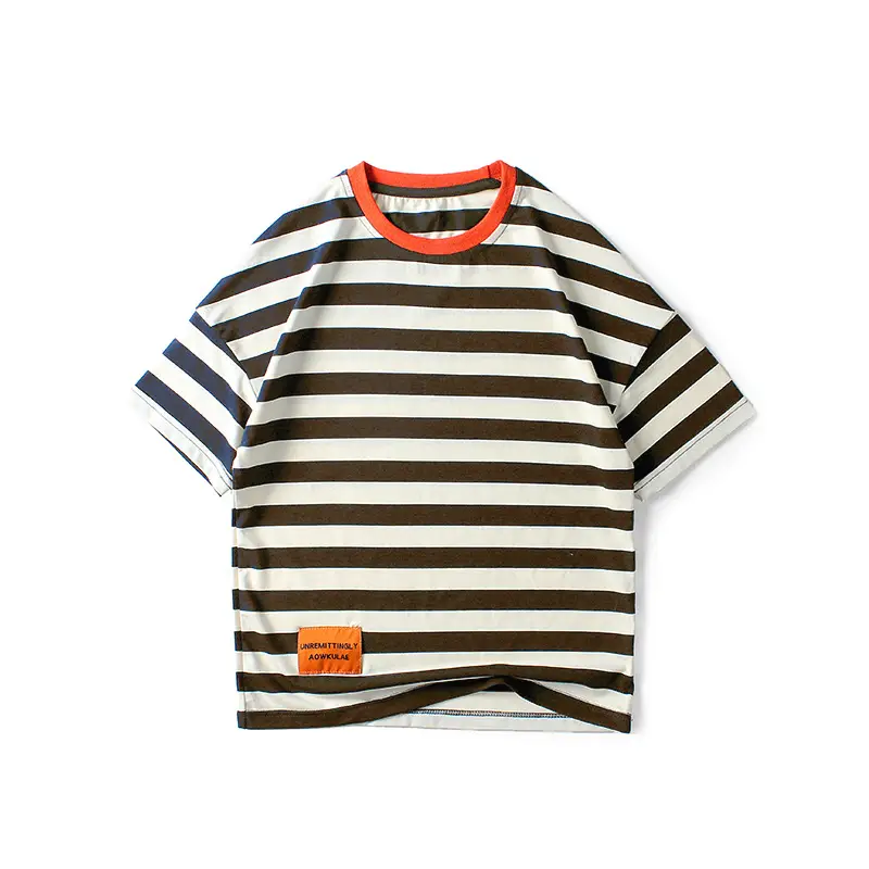 Kids Striped T-Shirt Navy Blue Orange Sleeve - Image 3