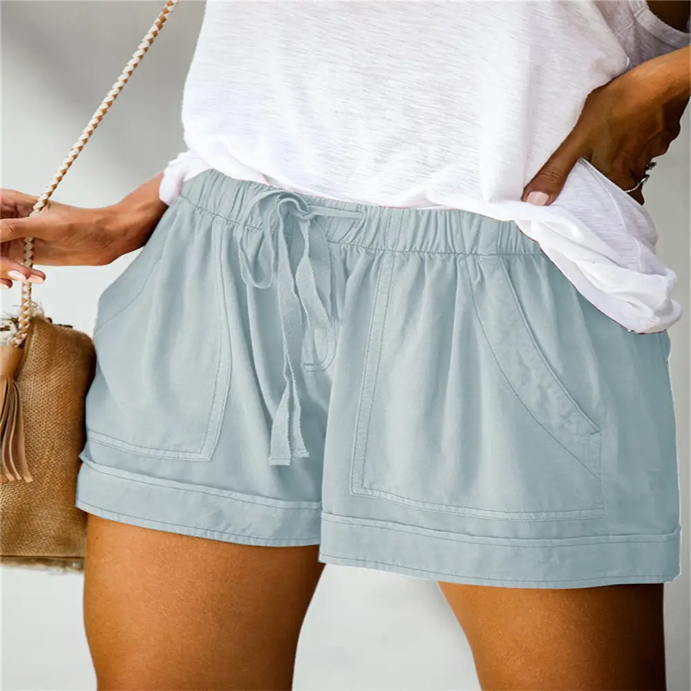Blue Wide Leg Elastic Waist Shorts for Women
