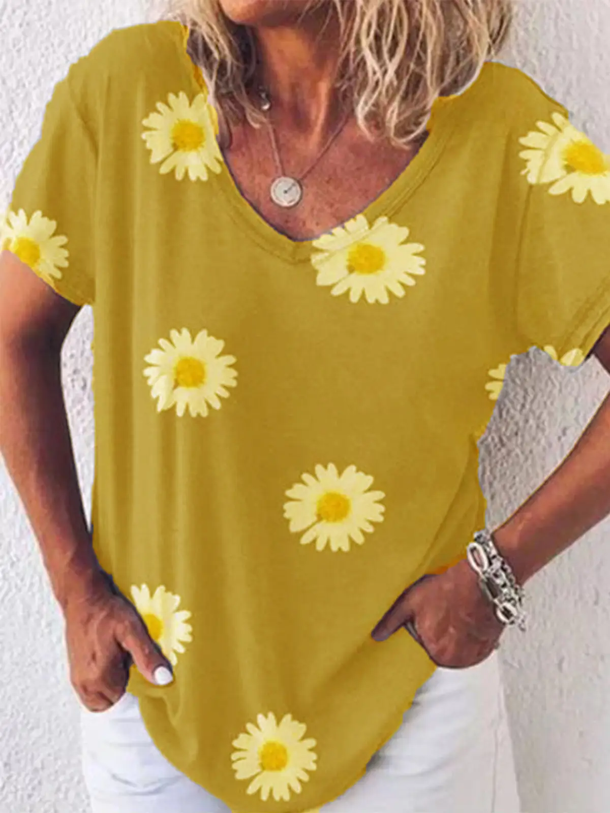 Women Printed V Neck T-Shirt Yellow Daisy - Image 2