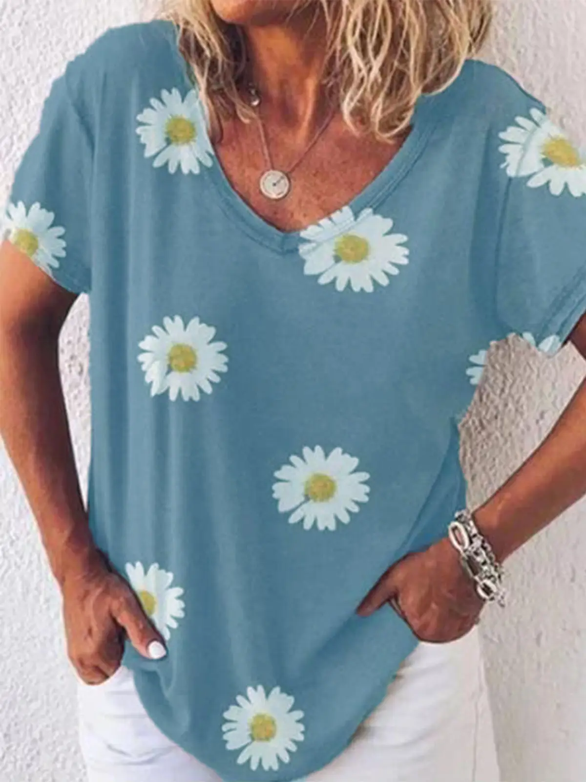 Women Printed V Neck T-Shirt Yellow Daisy - Image 4