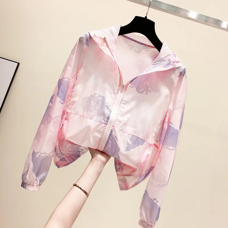 Women Printed Hooded Sun Protection Jacket Pink