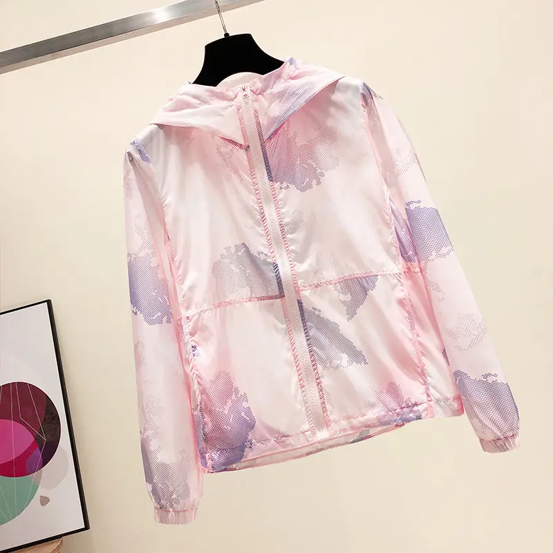 Women Printed Hooded Sun Protection Jacket Pink