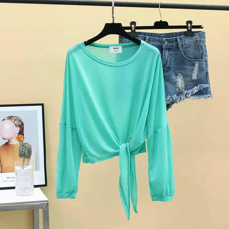 2024 Women's Knitted Long Sleeve T-Shirt Mint Green - Image 6