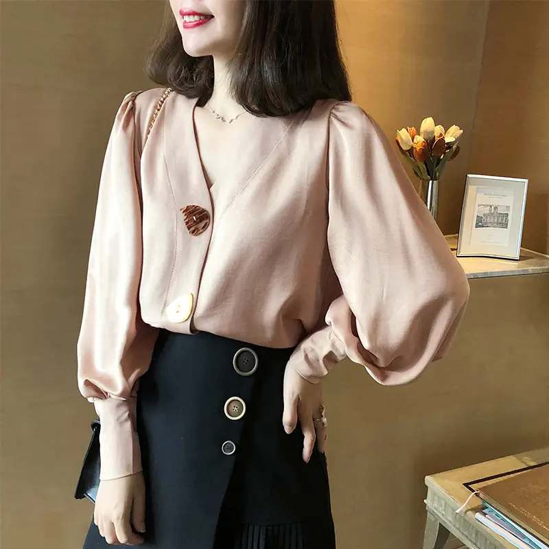Women V-Neck Light Gold Blouse with Lantern Sleeve 2024 - Image 6