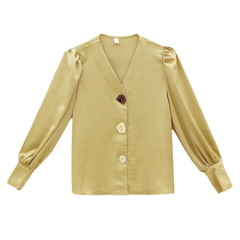 Women V-Neck Light Gold Blouse with Lantern Sleeve 2024 - Image 8
