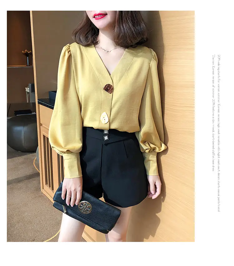 Women V-Neck Light Gold Blouse with Lantern Sleeve 2024 — feature 13