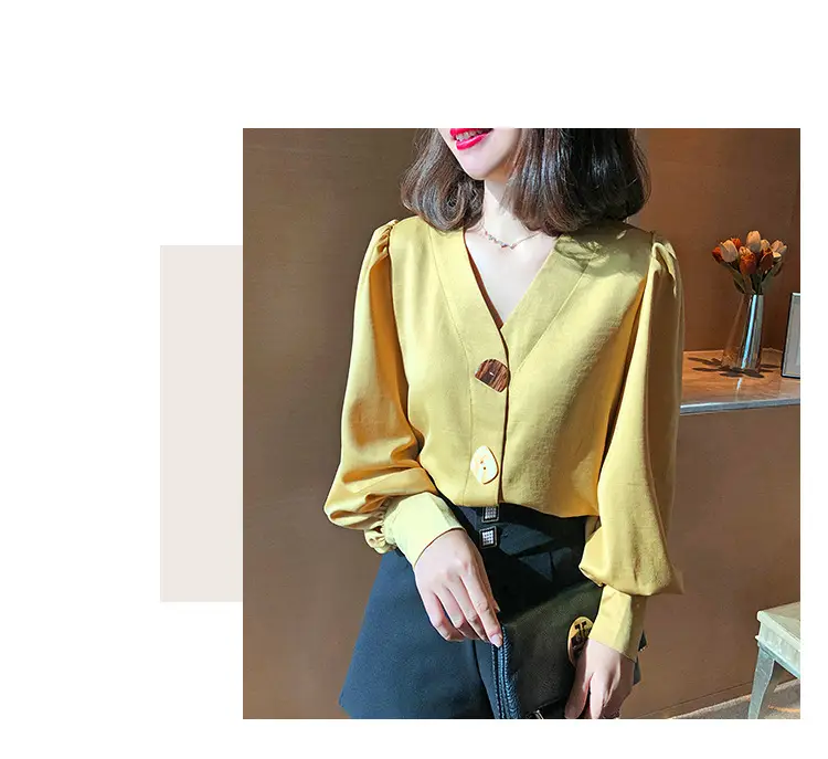 Women V-Neck Light Gold Blouse with Lantern Sleeve 2024 — feature 14