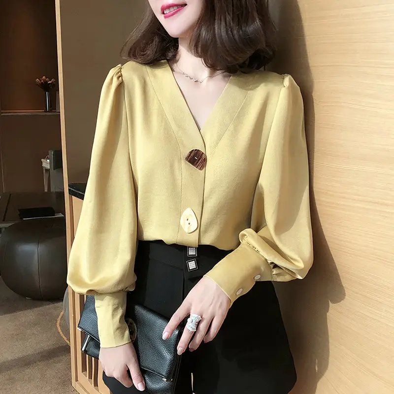Women V-Neck Light Gold Blouse with Lantern Sleeve 2024 — feature 2