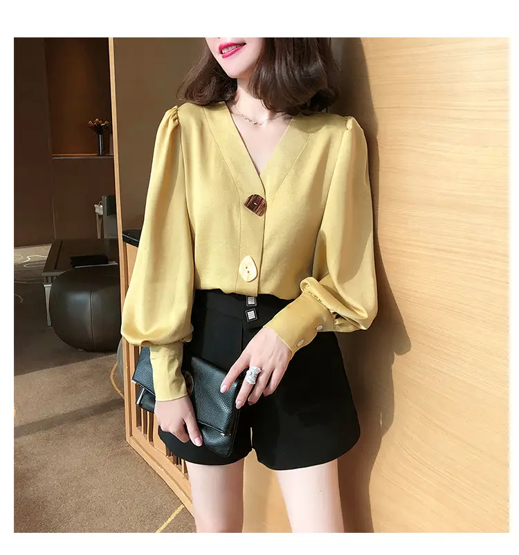Women V-Neck Light Gold Blouse with Lantern Sleeve 2024 — feature 25