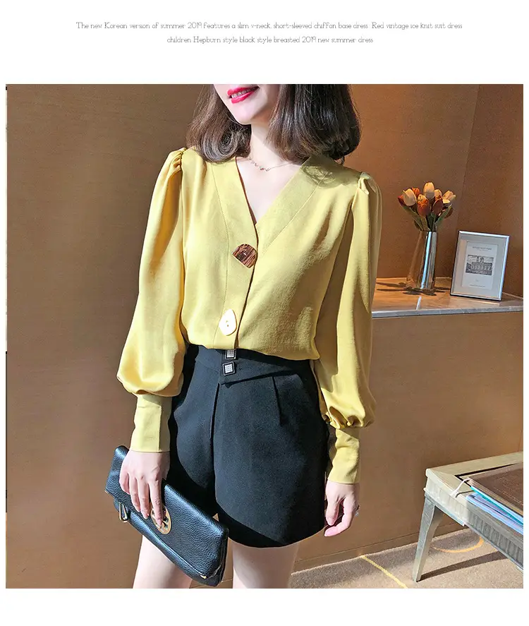 Women V-Neck Light Gold Blouse with Lantern Sleeve 2024 — feature 28