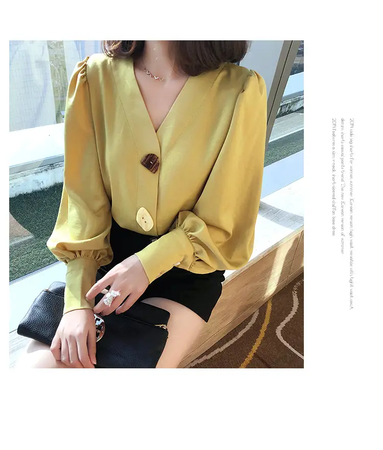 Women V-Neck Light Gold Blouse with Lantern Sleeve 2024 — feature 30