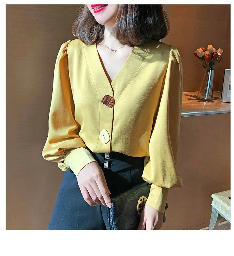 Women V-Neck Light Gold Blouse with Lantern Sleeve 2024 — feature 32