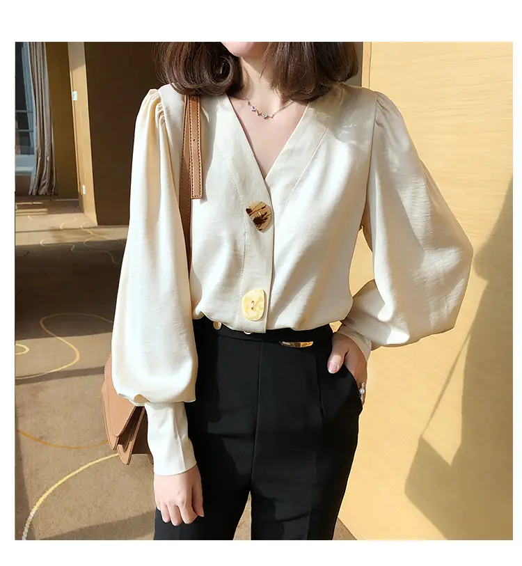 Women V-Neck Light Gold Blouse with Lantern Sleeve 2024 — feature 34