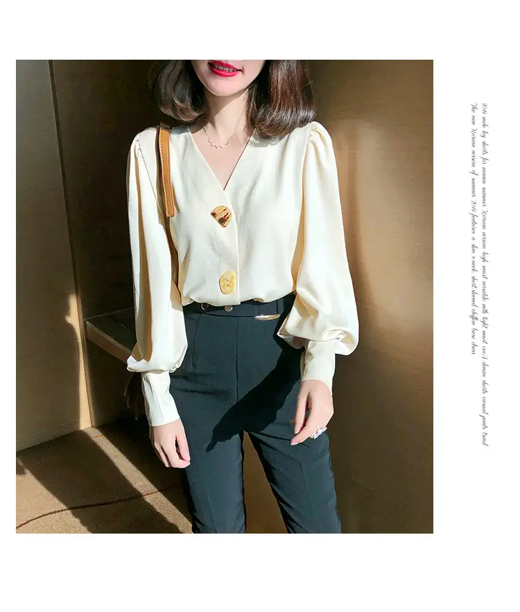Women V-Neck Light Gold Blouse with Lantern Sleeve 2024 — feature 35