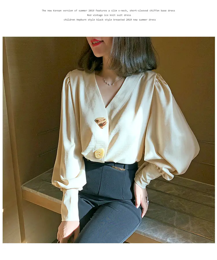 Women V-Neck Light Gold Blouse with Lantern Sleeve 2024 — feature 37