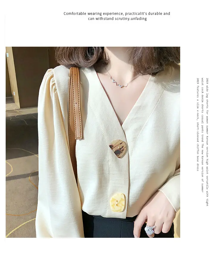 Women V-Neck Light Gold Blouse with Lantern Sleeve 2024 — feature 38