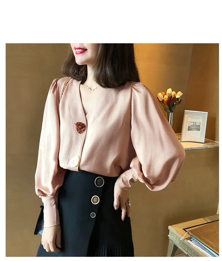 Women V-Neck Light Gold Blouse with Lantern Sleeve 2024 — feature 39