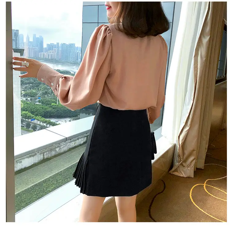 Women V-Neck Light Gold Blouse with Lantern Sleeve 2024 — feature 40