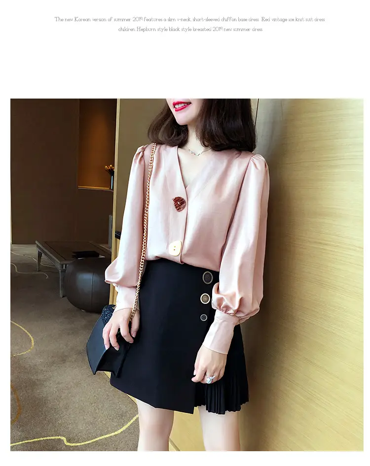 Women V-Neck Light Gold Blouse with Lantern Sleeve 2024 — feature 42