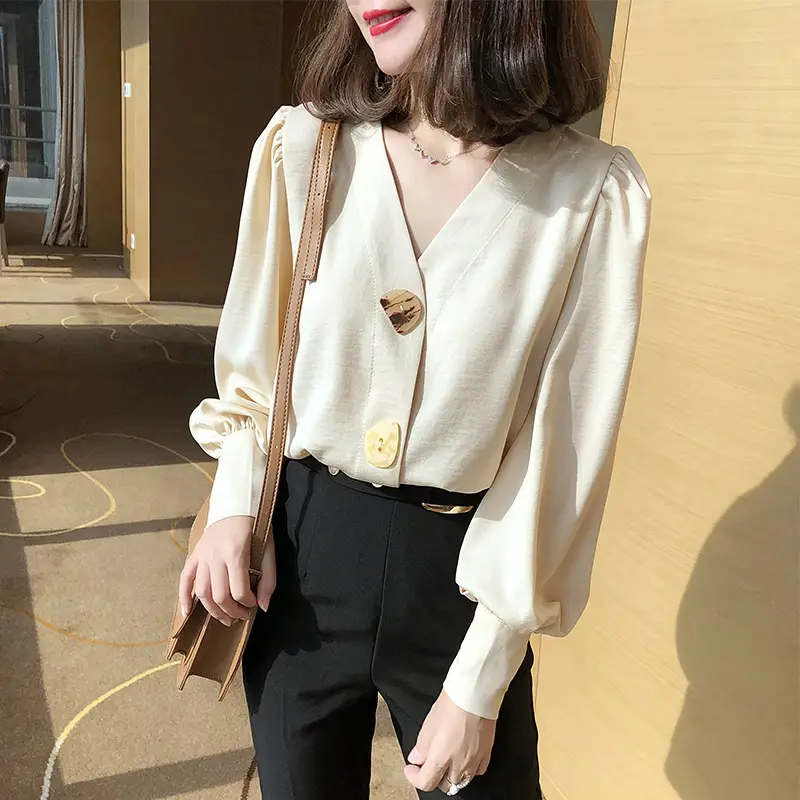 Women V-Neck Light Gold Blouse with Lantern Sleeve 2024 - Image 2