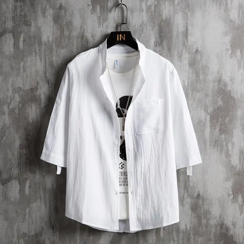 Cotton Linen 54Sleeve Cardigan Men Korean Style Olive - Image 5