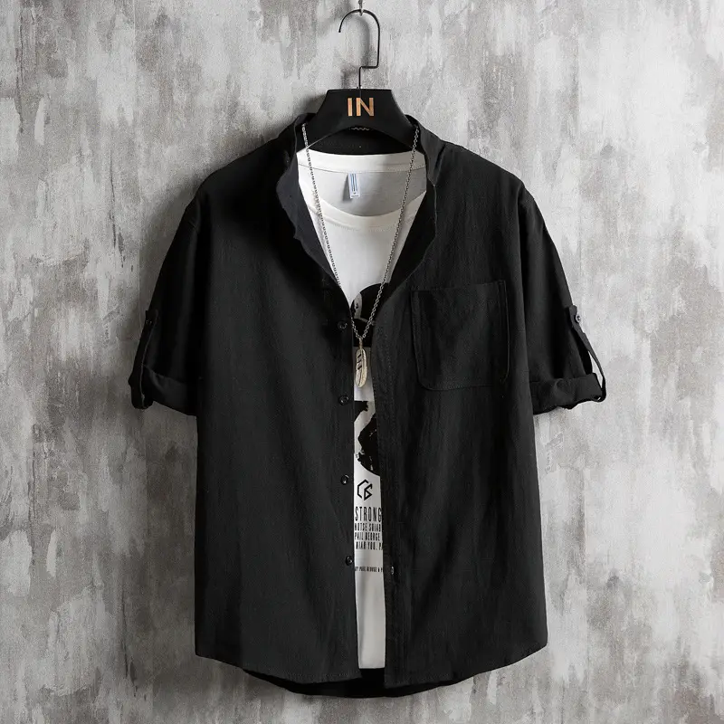 Cotton Linen 54Sleeve Cardigan Men Korean Style Olive - Image 6