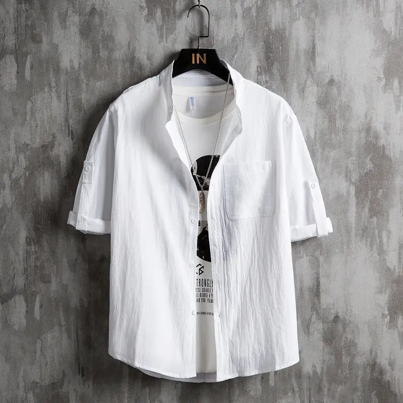 Cotton Linen 54Sleeve Cardigan Men Korean Style Olive - Image 7