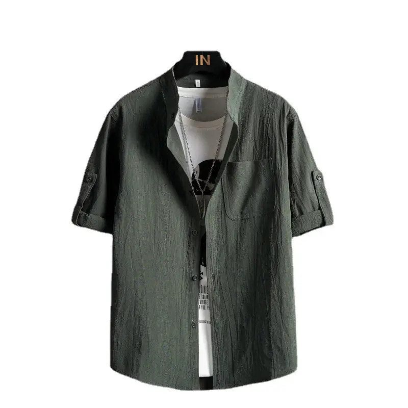 Cotton Linen 54Sleeve Cardigan Men Korean Style Olive - Image 8